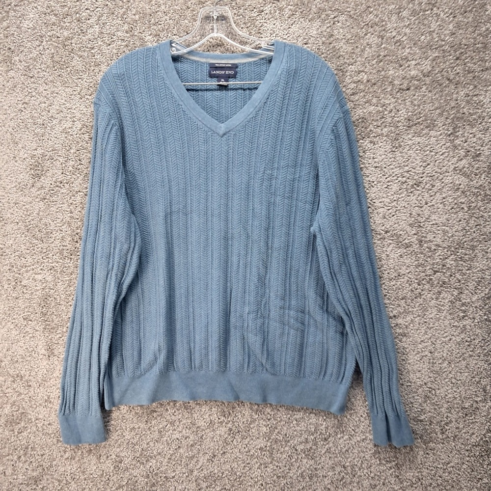 Lands‎ End Mens XL Blue Supima Cotton V-Neck Cable Knit Pullover Sweater 7131